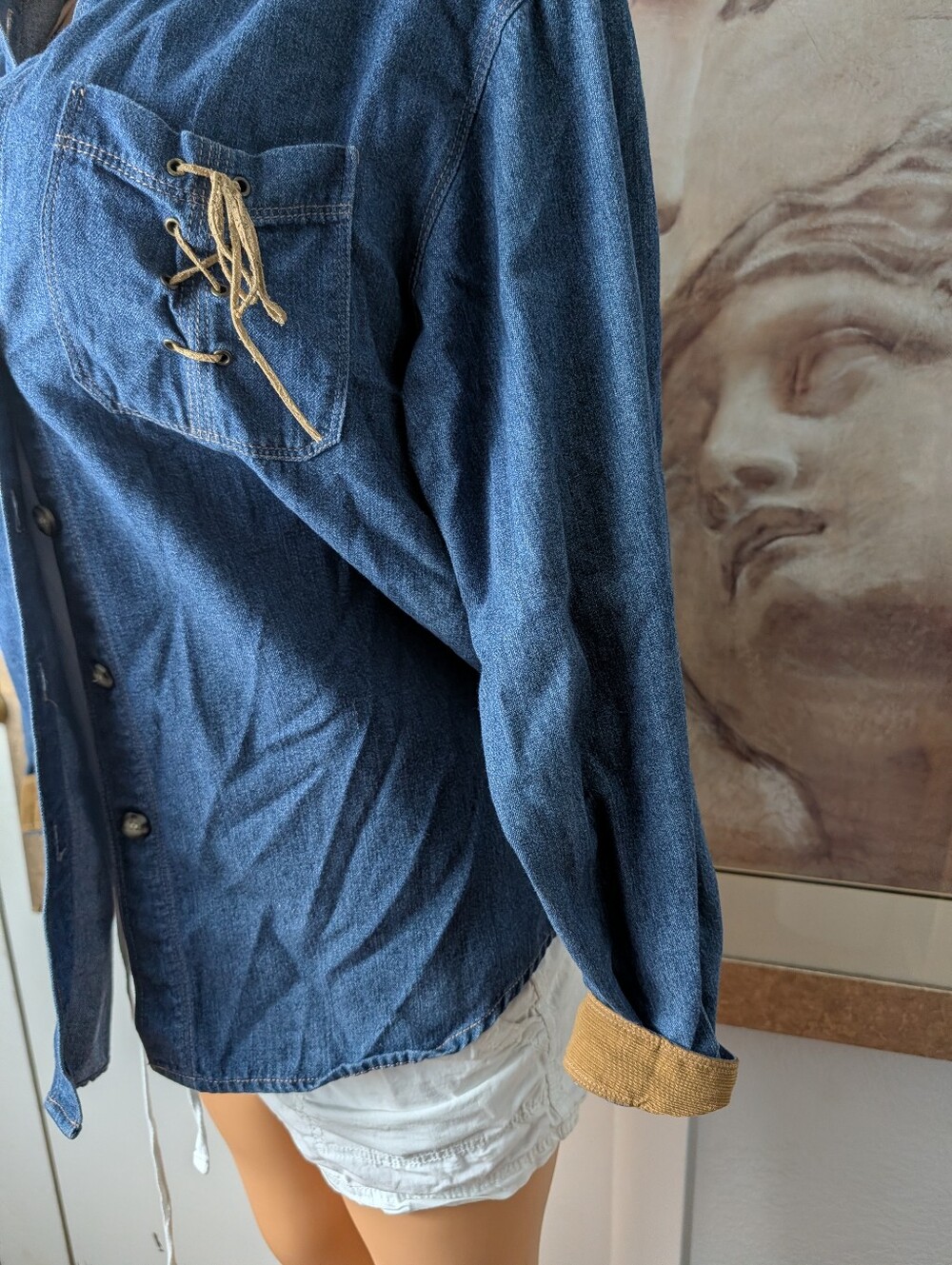 Koret Blue Women Denim Shirt Jacket with Tan Corduroy Collar Size M - Picture 3 of 7
